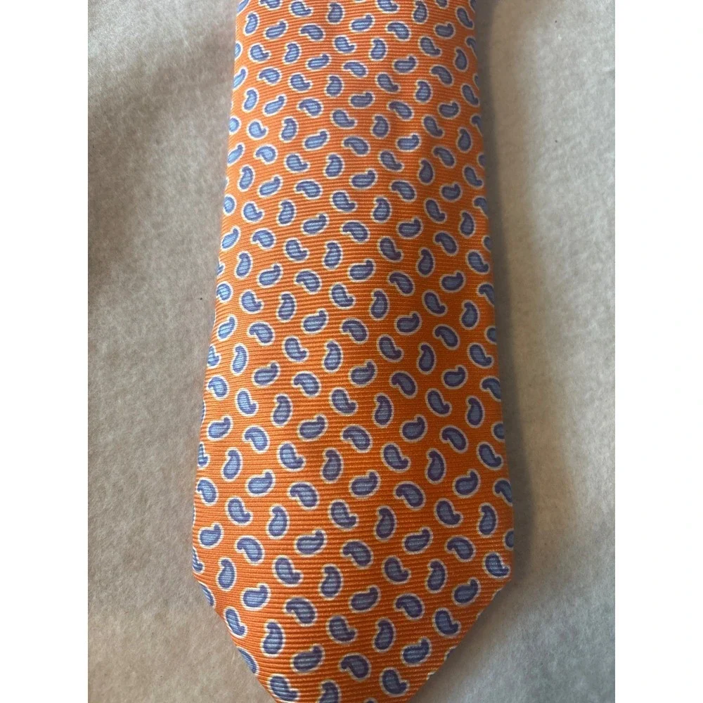 Faconnable Silk Tie Mens One Size Orange Paisley Hand Finished France